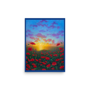 Fine Art Print of Nature Scene. High Quality reproduction of Original Oil Painting of Nature Scene with Poppies with sunset in the sea in background.