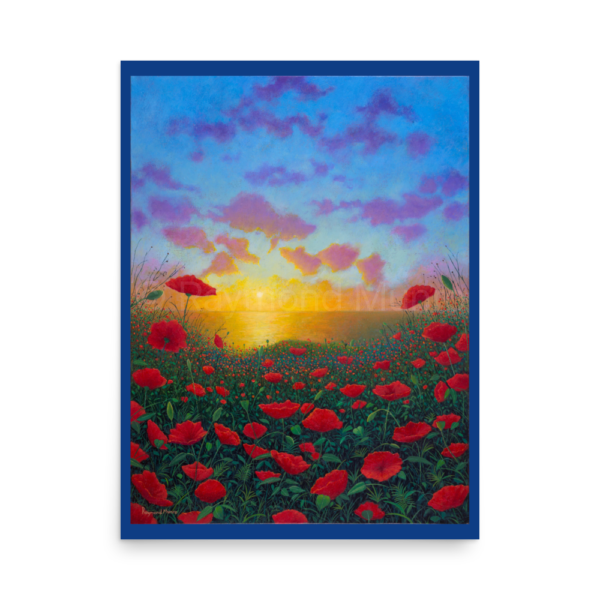 Fine Art Print of Nature Scene. High Quality reproduction of Original Oil Painting of Nature Scene with Poppies with sunset in the sea in background.