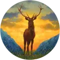 Highland Stag, zoomed in with mountains and yellow lit sky in background, Raymond Munro art logo.