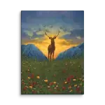 Canvas Art Print of Nature Scene. High Quality reproduction of Original Oil Painting of a stag in the highlands. Poppies in foreground, two mountains in the background on each side of the stag. Sun-lit in the background.