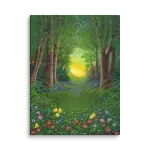 Canvas art print of woodland scene with poppies in the foreground. There is a clearing in the background formed by a natural path with trees on each side. The yellow color from the sun is visible in the background.