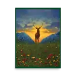 Fine Art Print of Nature Scene. High Quality reproduction of Original Oil Painting of a stag in the highlands. Poppies in foreground, two mountains in the background on each side of the stag. Sun-lit in the background.