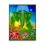 High Quality Reproduction of Painting of nature landscape with Ganesh with flowers in the foreground. Fine Art Print that Brings Peace and Serenity. 