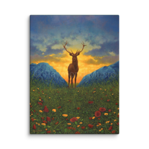 An oil painting by Raymond Munro depicting a majestic stag standing proudly in the serene Scottish Highlands, surrounded by natural beauty.