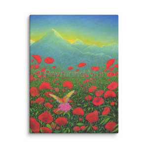 A vibrant oil painting by Raymond Munro titled "Butterfly, Poppies and Mountains." The artwork features a field of bright red poppies that stretches across the foreground, filling the scene with rich, bold color. In the center, a delicate butterfly with pink and yellow wings appears mid-flight, adding a sense of lightness and movement to the composition. Behind the poppy field, a soft, misty blue mountain range rises, with the tallest peak reaching towards a sky painted in a gradient of soft blues and golden yellow hues, suggesting the warmth of either sunrise or sunset. The contrast between the vibrant poppies, the delicate butterfly, and the serene mountain backdrop symbolizes a harmonious blend of beauty, tranquility, and the joyful energy of nature. This painting captures the essence of peaceful moments in nature, evoking feelings of upliftment, inspiration, and a connection to the natural world.