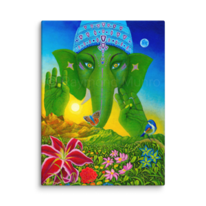 An oil painting by Raymond Munro of Ganesh, the elephant-headed deity, adorned with vibrant colors and surrounded by elements of nature, symbolizing creativity and devotion.