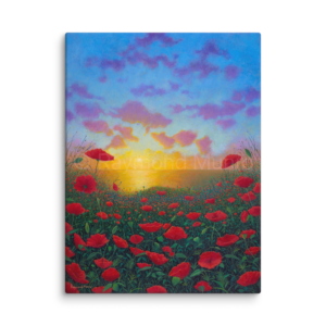 An oil painting by Raymond Munro showing a vibrant sunset over the sea with red poppies in the foreground, capturing the warm glow and colors of the setting sun.