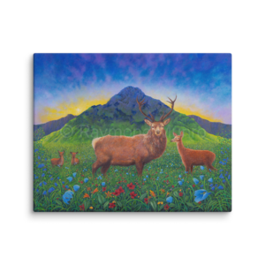 An oil painting of a red deer family in the Scottish highlands by Raymond Munro. A majestic stag stands protectively alongside a doe and two young fawns, set against a backdrop of green mountains under a softly lit dawn sky. The foreground is filled with vibrant wildflowers in shades of red, blue, and purple, enhancing the scene’s natural beauty. The artwork captures a serene moment in nature, symbolizing family unity and the peaceful essence of the highland landscape.