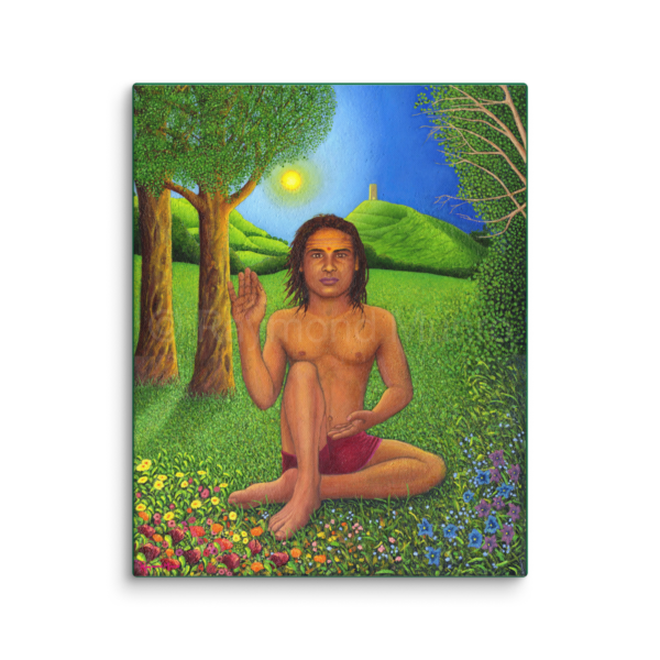 An oil painting by Raymond Munro portraying Babaji seated in meditation, emanating a serene and divine presence against a backdrop inspired by Glastonbury.