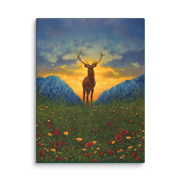 An oil painting by Raymond Munro depicting a majestic stag standing proudly in the serene Scottish Highlands, surrounded by natural beauty.