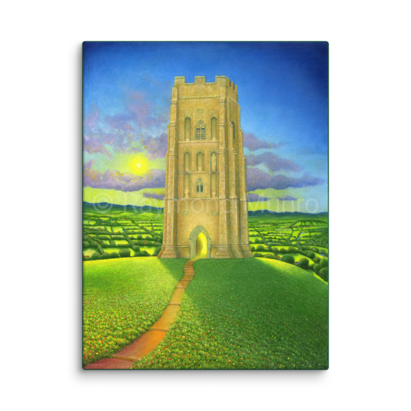 A fine art ready to hang canvas print of an oil painting of Glastonbury Tor by Raymond Munro. The ancient tower stands on a grassy hill under a radiant sky, with a winding path leading to its entrance. The landscape around the Tor is lush and green, symbolizing nature’s beauty and Glastonbury's spiritual energy. The colors are vibrant, with a blend of golden sunlight, blue sky, and green fields, capturing the mystical essence of this historic landmark.