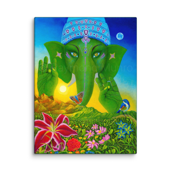 An oil painting by Raymond Munro of Ganesh, the elephant-headed deity, adorned with vibrant colors and surrounded by elements of nature, symbolizing creativity and devotion.