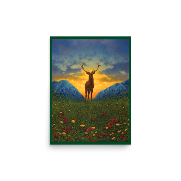 Fine art Print after an oil painting by Raymond Munro depicting a majestic stag standing proudly in the serene Scottish Highlands, surrounded by natural beauty.