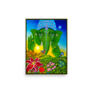 Ganesh Fine Art Print of an oil painting by Raymond Munro. Ganesh is adorned with vibrant colors and surrounded by elements of nature, symbolizing creativity and devotion.