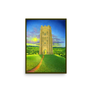 A fine art print of an oil painting of Glastonbury Tor by Raymond Munro. The ancient tower stands on a grassy hill under a radiant sky, with a winding path leading to its entrance. The landscape around the Tor is lush and green, symbolizing nature’s beauty and Glastonbury's spiritual energy. The colors are vibrant, with a blend of golden sunlight, blue sky, and green fields, capturing the mystical essence of this historic landmark.