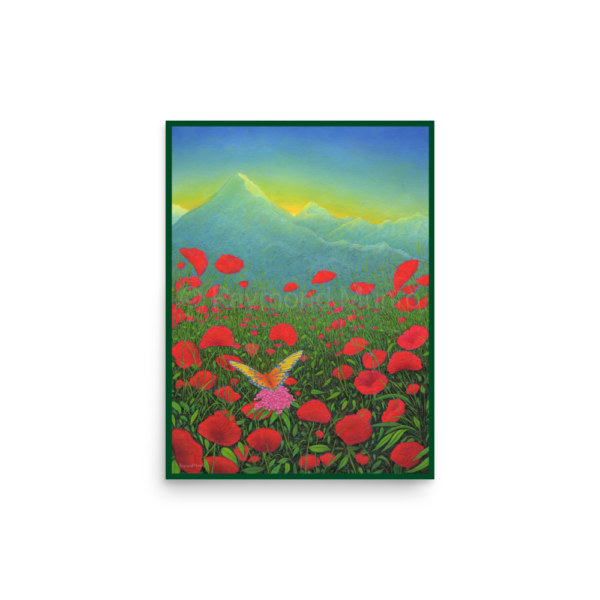 A vibrant oil painting by Raymond Munro titled "Butterfly, Poppies and Mountains." The artwork features a field of bright red poppies that stretches across the foreground, filling the scene with rich, bold color. In the center, a delicate butterfly with pink and yellow wings appears mid-flight, adding a sense of lightness and movement to the composition. Behind the poppy field, a soft, misty blue mountain range rises, with the tallest peak reaching towards a sky painted in a gradient of soft blues and golden yellow hues, suggesting the warmth of either sunrise or sunset. The contrast between the vibrant poppies, the delicate butterfly, and the serene mountain backdrop symbolizes a harmonious blend of beauty, tranquility, and the joyful energy of nature. This painting captures the essence of peaceful moments in nature, evoking feelings of upliftment, inspiration, and a connection to the natural world.