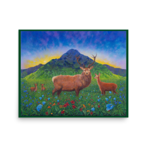 An oil painting of a red deer family in the Scottish highlands by Raymond Munro. A majestic stag stands protectively alongside a doe and two young fawns, set against a backdrop of green mountains under a softly lit dawn sky. The foreground is filled with vibrant wildflowers in shades of red, blue, and purple, enhancing the scene’s natural beauty. The artwork captures a serene moment in nature, symbolizing family unity and the peaceful essence of the highland landscape.