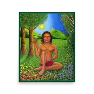 An oil painting by Raymond Munro portraying Babaji seated in meditation, emanating a serene and divine presence against a backdrop inspired by Glastonbury.