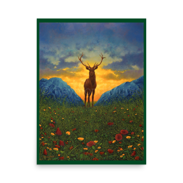 Fine art Print of an oil painting by Raymond Munro depicting a majestic stag standing proudly in the serene Scottish Highlands, surrounded by natural beauty.