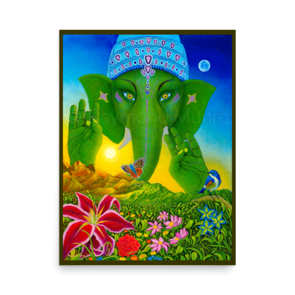 Ganesh Fine Art Print of an oil painting by Raymond Munro. Ganesh is adorned with vibrant colors and surrounded by elements of nature, symbolizing creativity and devotion.