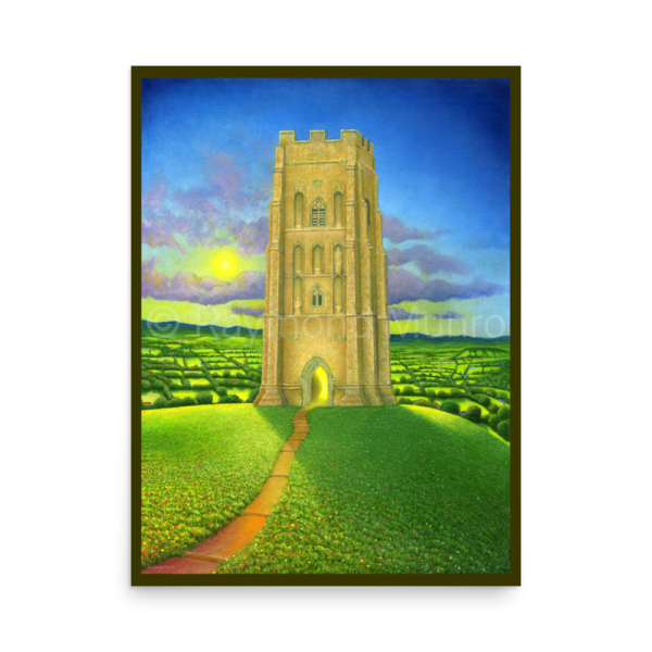 A fine art print of an oil painting of Glastonbury Tor by Raymond Munro. The ancient tower stands on a grassy hill under a radiant sky, with a winding path leading to its entrance. The landscape around the Tor is lush and green, symbolizing nature’s beauty and Glastonbury's spiritual energy. The colors are vibrant, with a blend of golden sunlight, blue sky, and green fields, capturing the mystical essence of this historic landmark.