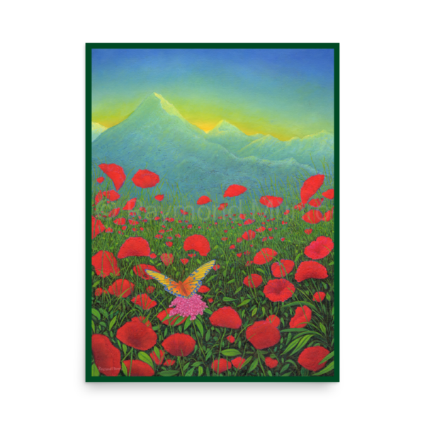 A vibrant oil painting by Raymond Munro titled "Butterfly, Poppies and Mountains." The artwork features a field of bright red poppies that stretches across the foreground, filling the scene with rich, bold color. In the center, a delicate butterfly with pink and yellow wings appears mid-flight, adding a sense of lightness and movement to the composition. Behind the poppy field, a soft, misty blue mountain range rises, with the tallest peak reaching towards a sky painted in a gradient of soft blues and golden yellow hues, suggesting the warmth of either sunrise or sunset. The contrast between the vibrant poppies, the delicate butterfly, and the serene mountain backdrop symbolizes a harmonious blend of beauty, tranquility, and the joyful energy of nature. This painting captures the essence of peaceful moments in nature, evoking feelings of upliftment, inspiration, and a connection to the natural world.