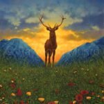 Original Oil Painting of a stag in the highlands. Poppies in foreground, two mountains in the background on each side of the stag. Sun-lit in the background.