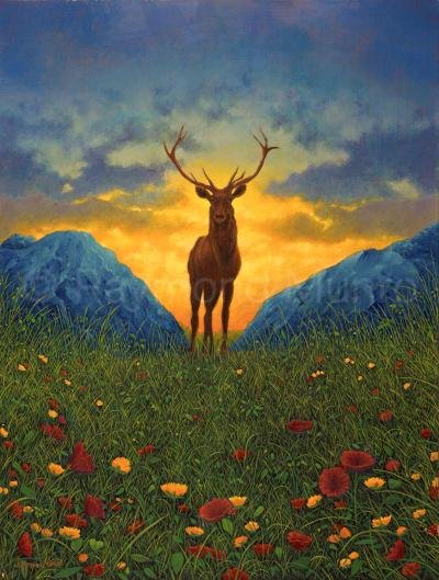 Original Oil Painting of a stag in the highlands. Poppies in foreground, two mountains in the background on each side of the stag. Sun-lit in the background.