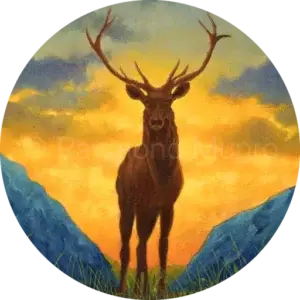 Highland Stag, zoomed in with mountains and yellow lit sky in background, Raymond Munro art logo.