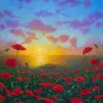 Nature Scene with Poppies with sunset in the sea in background.