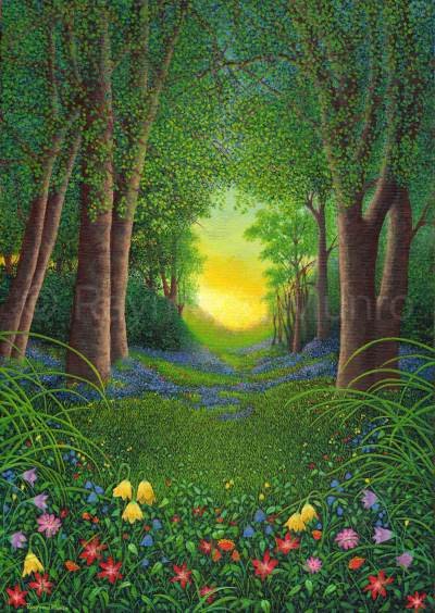 Original Oil Painting of Woodland Scene with poppies in the foreground. There is a clearing in the background formed by a natural path with trees on each side. The yellow color from the sun is visible in the background.