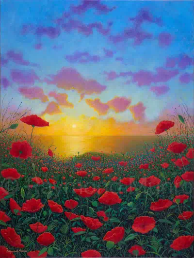 Nature Scene with Poppies with sunset in the sea in background.