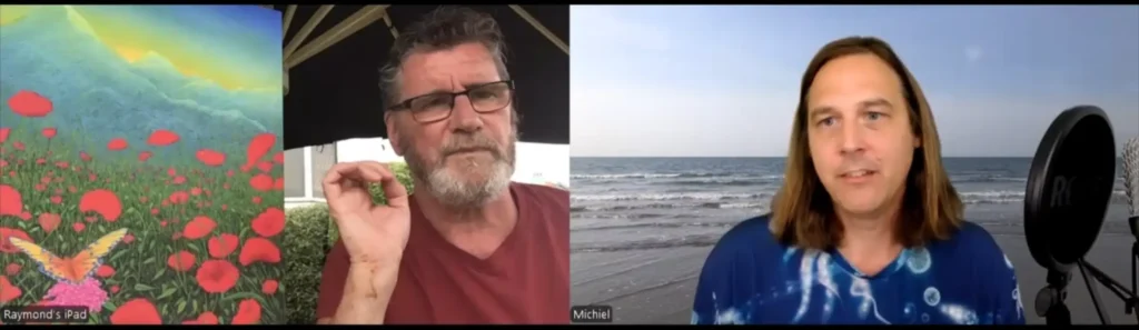Spiritual Artist Raymond Munro and Michiel Kroon in an interview discussing the artwork "Butterfly, Poppies and Mountains,"