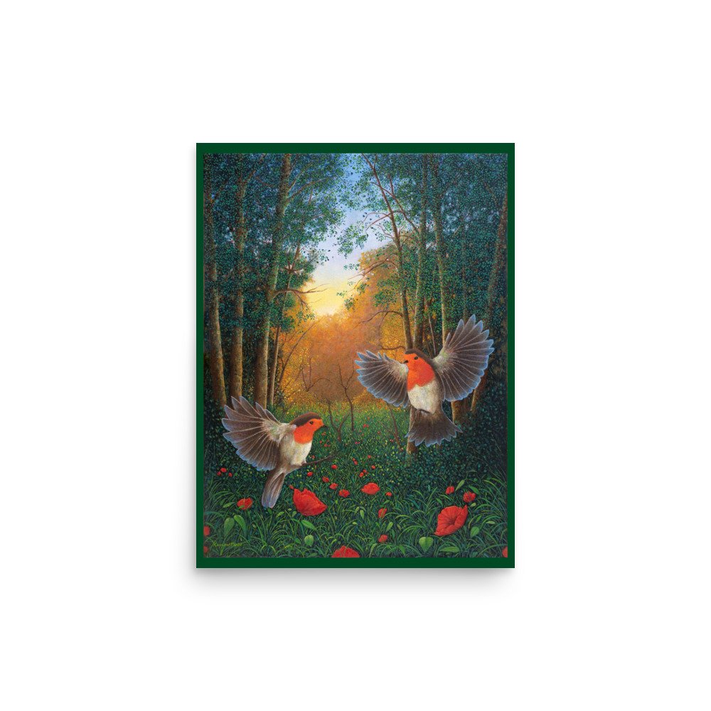 Premium quality 24"x 18" and 16" x 12" fine art prints - 'Woodland Robins' - Original artwork by Raymond Munro