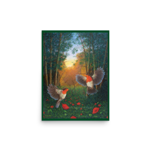 print of two woodland robins flying in meadow, soft sunlight behind